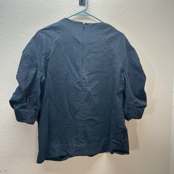 COS Seersucker Ruched Puffed Sleeves Top SZ 38 US 6 Boxy Fit Black Minimalist - Picture 3 of 7